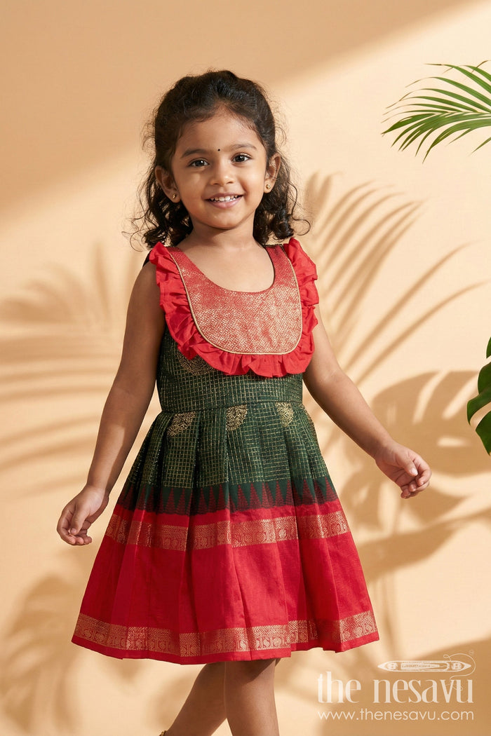 The Nesavu Girls Kanchi Silk Frock Baby Girl Traditional Silk Frock with Zari Motifs and Pleated Skirt Nesavu 14 (6M) / Green / Style 1 KSF036LA-14 Nesavu baby girl ethnic silk frock with zari motifs and traditional pleated design