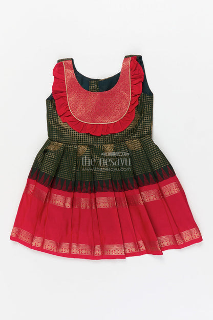 The Nesavu Girls Kanchi Silk Frock Baby Girl Traditional Silk Frock with Zari Motifs and Pleated Skirt Nesavu 14 (6M) / Green / Style 1 KSF036LA-14 Nesavu baby girl ethnic silk frock with zari motifs and traditional pleated design