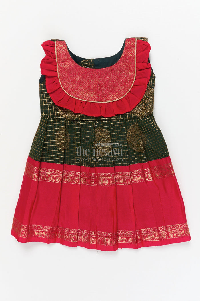 The Nesavu Girls Kanchi Silk Frock Baby Girl Traditional Silk Frock with Zari Motifs and Pleated Skirt Nesavu 10 (NB) / Green / Style 2 KSF036LB-10 Nesavu baby girl ethnic silk frock with zari motifs and traditional pleated design