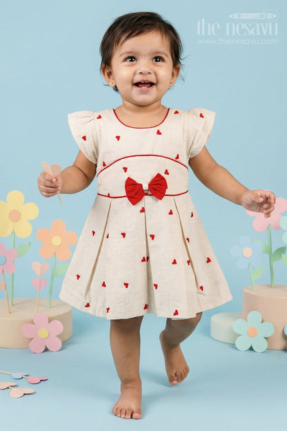 Baby Girls Cotton Embroidered Frock with Heart Motifs and Bow Detail