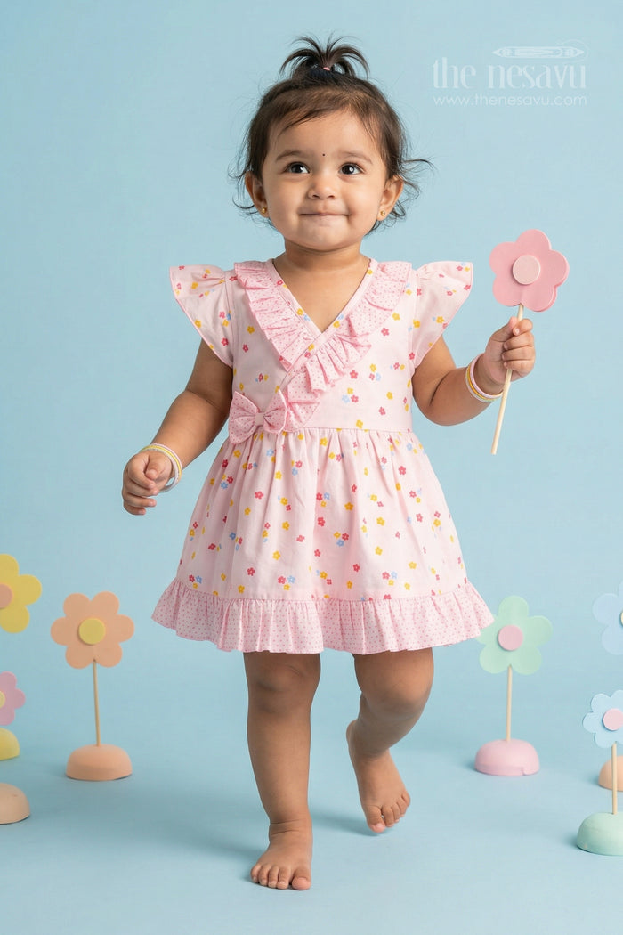The Nesavu Baby Cotton Frocks Baby Girls Cotton Floral Frock with Ruffle Wrap Design Nesavu 14 (6M) / Pink / Cotton BFJ969C-14 Nesavu baby girls cotton floral printed frock with ruffle wrap design for kids wear