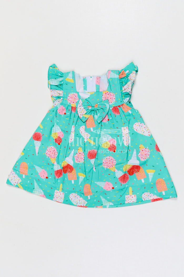 The Nesavu Baby Cotton Frocks Baby Girls Cotton Printed Frock with Fun Ice Cream Design Nesavu 14 (6M) / Turquoise / Cotton BFJ966A-14 Nesavu baby girls cotton frock with ice cream digital print for summer outings and casual wear