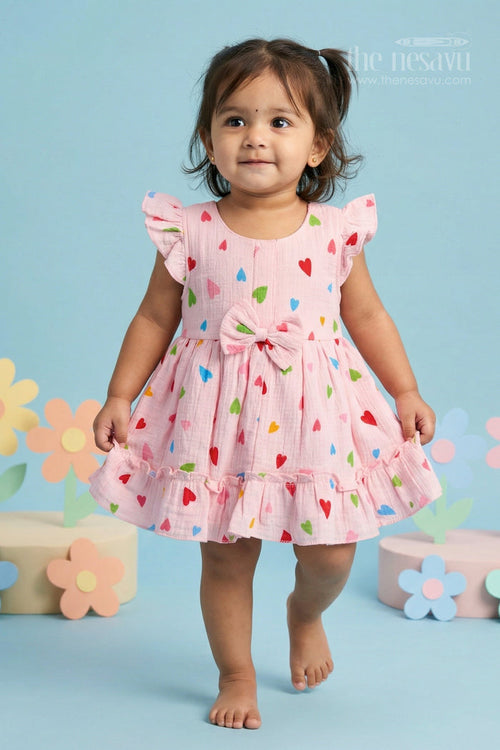 The Nesavu Baby Cotton Frocks Baby Girls Muslin Cotton Heart Print Frock with Bow Detail Nesavu 14 (6M) / Pink / Muslin Cotton BFJ970A-14 Nesavu baby girls muslin cotton heart printed frock with bow for cute baby fashion