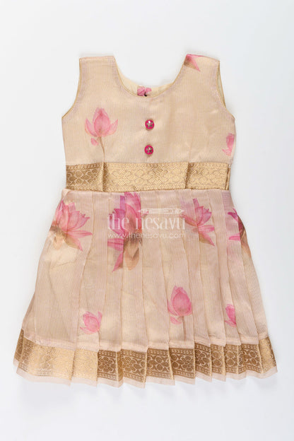 The Nesavu Silk Frock Baby Girl's Silk Frock in Cream Kora Tissue Classic Ethnic Styling Nesavu 18 (2Y) / Cream SF1065B-18 Baby girl ethnic silk frock kora tissue  cream floral digital print