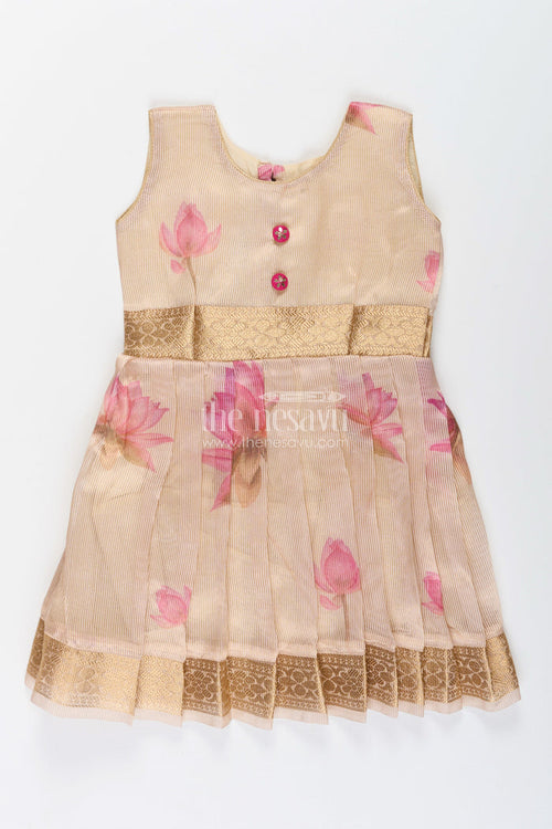 The Nesavu Silk Frock Baby Girl's Silk Frock in Cream Kora Tissue Classic Ethnic Styling Nesavu 18 (2Y) / Cream SF1065B-18 Baby girl ethnic silk frock kora tissue  cream floral digital print