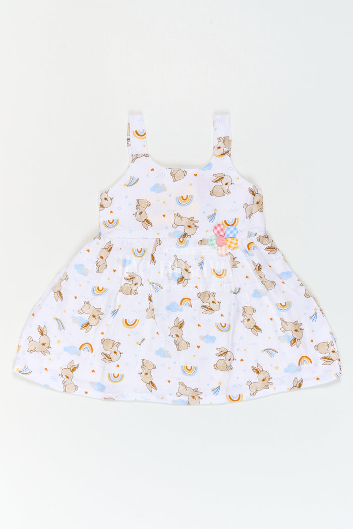 The Nesavu Baby Cotton Frocks Baby Printed Frock for Playful Day Photoshoots Nesavu 14 (6M) / White / Muslin Cotton BFJ1014B-14 Nesavu Baby Printed Frock For Playful Day Photoshoots With Muslin Cotton And Bunny Print