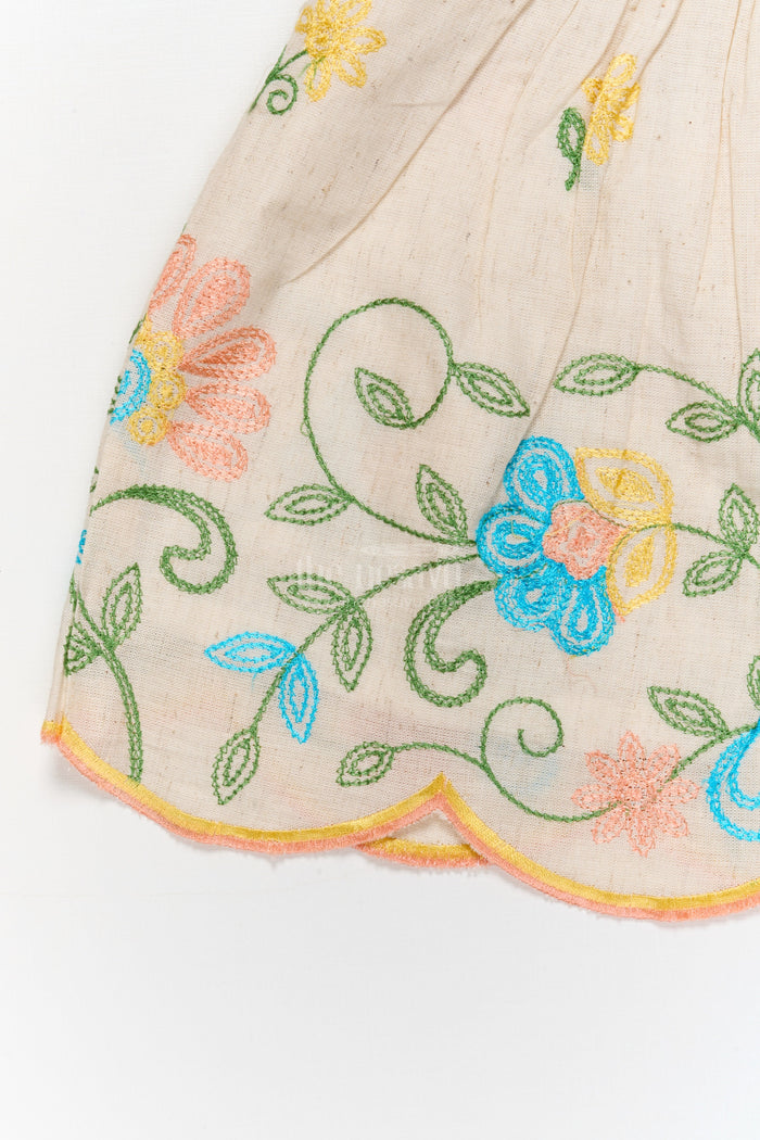 The Nesavu Baby Cotton Frocks Beige Cotton Frock with Multicolor Floral Thread Embroidery for Baby Girls Nesavu Nesavu embroidered beige cotton frock with scalloped hem for baby girls