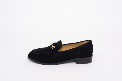 Side profile of Betsy Loafers in black suede with buckle. Larger women's shoes in sizes UK 8-12
