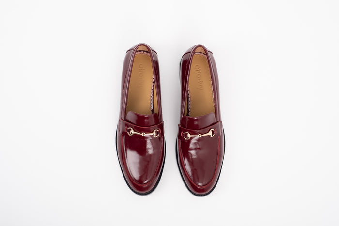 Arial shot of womens red leather loafer shoe in large sizes 8-12