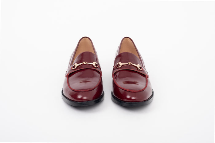 Front shot of womens large size red leather loafer flat shoe in European sized 42 43 44 45 46