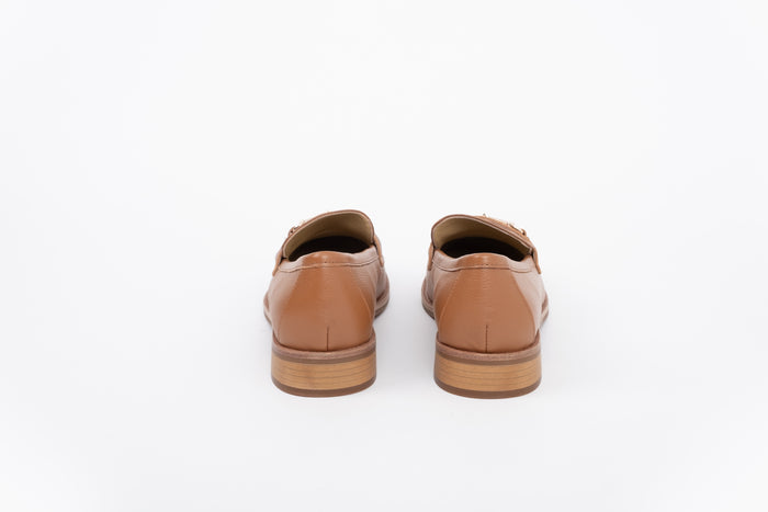 back shot of women's tan leather loafer available in UK sizes 8-12