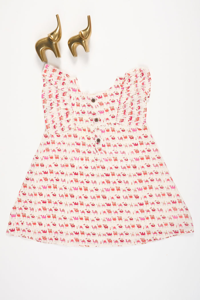 The Nesavu Baby Cotton Frocks Blue Camel Print Cotton Baby Frock with Ruffles for Newborns Nesavu Blue Camel Print Cotton Baby Frock with Ruffles for Newborns Nesavu