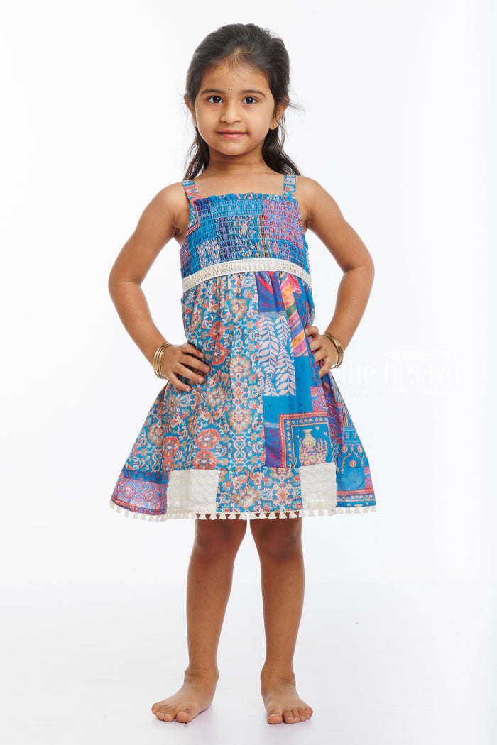 The Nesavu Baby Cotton Frocks Bohemian Chic Girls Patchwork Dress with Intricate Prints Nesavu 14 (6M) / Blue BFJ537A-14 Girls Boho Patchwork Dress  Vivid Patterns  Fringe Details a Stylish Summer  The Nesavu