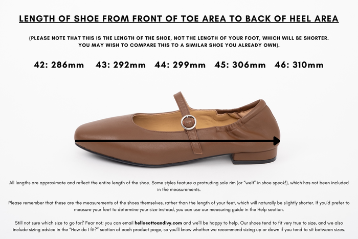Measurement diagram displaying lengths of womens large size shoes in sizes 42,43,44,45 and 46.
