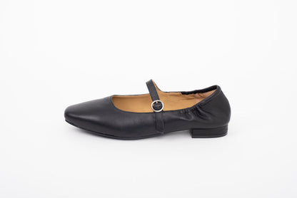 side shot of womens large size black leather one strap Mary Jane flat shoe in large sizes 42-46
