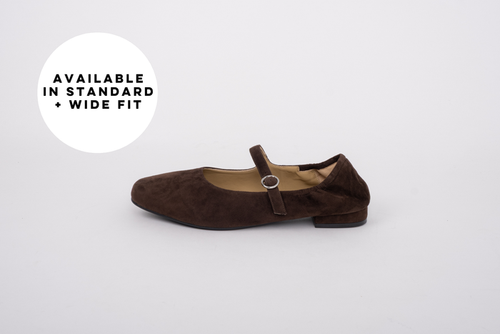 Large size womens chocolate brown suede stretch back Mary Jane shoe in sizes 42 43 44 45 46, wide fit