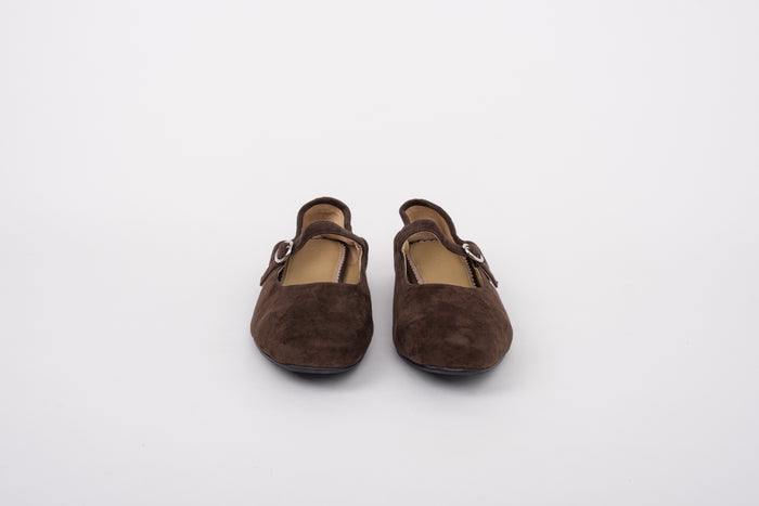 Front shot of womens large sizes suede brown Mary Jane shoe in large sizes 43 43 44 45 46