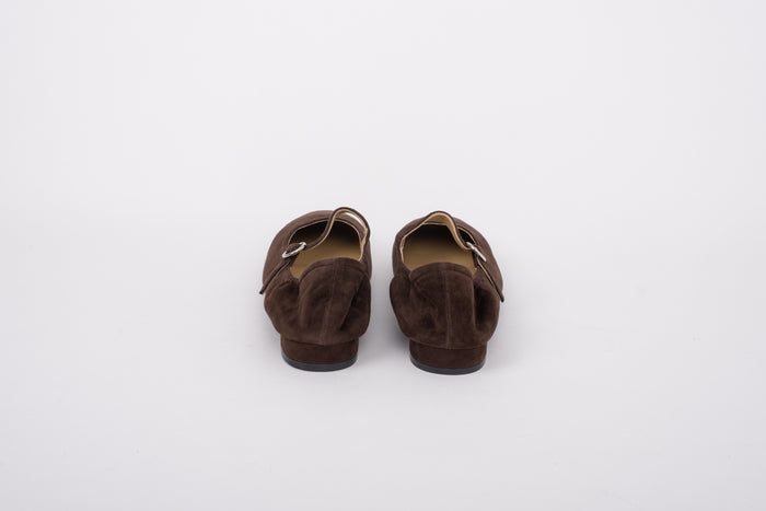 back shot of womens brown suede stretch-back Mary Jane in large sizes 42-46, standard and wide fit