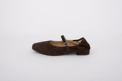 Side shot of womens large size stretch-back chocolate brown suede shoe in sizes 8-12