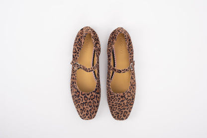 Aerial shot of womens leopard print large sized flat shoe in sizes 8 9 10 11 12