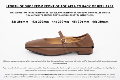 Measurement diagram displaying lengths of womens large size shoes in sizes 42,43,44,45 and 46.