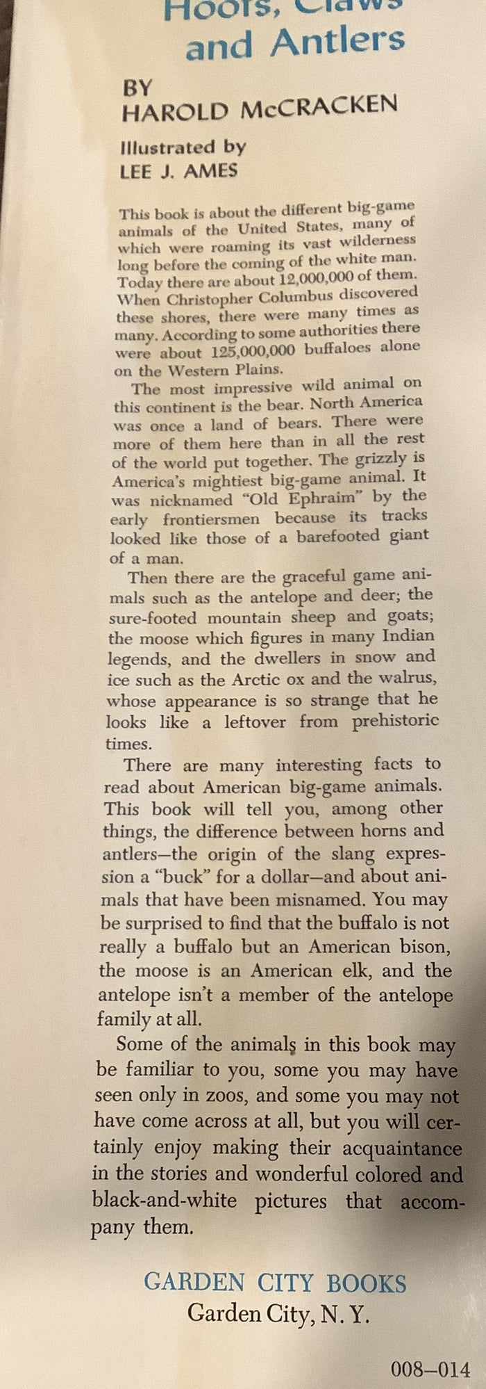 BOOKS - Hoofs, Claws and Antlers by Harold McCracken - Illustrated by Lee Ames