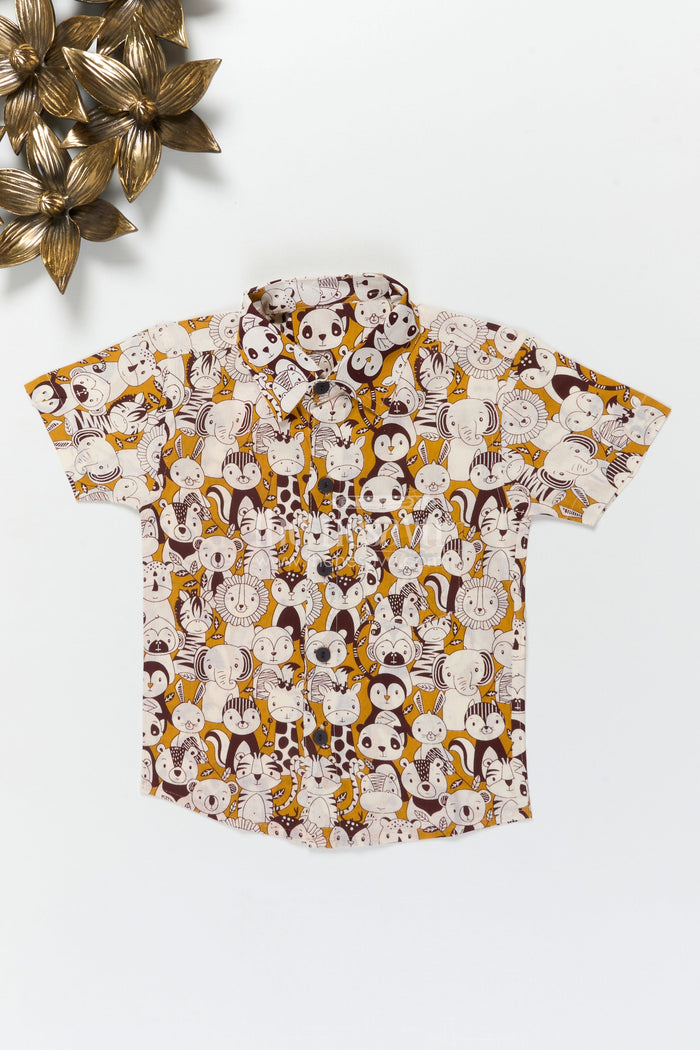 The Nesavu Boys Cotton Shirt Boys Animal Print Cotton Shirt for School and Casual Wear Nesavu 20 (3Y) / Cream / Cotton BS388A-20 Nesavu boys cotton shirt with animal face print for school and weekend fun