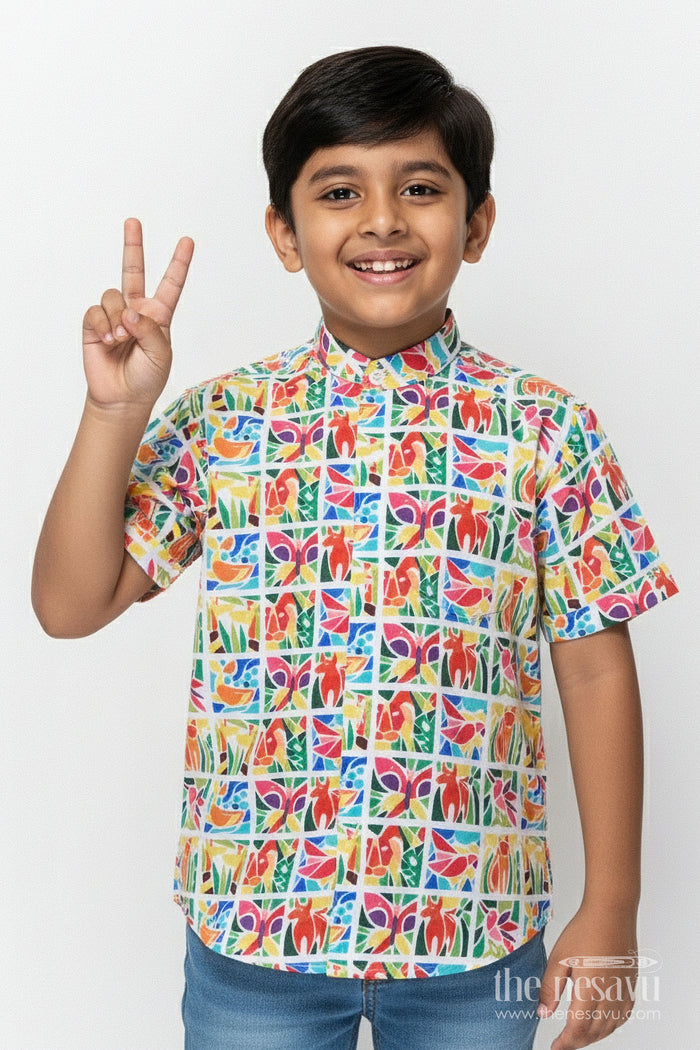 The Nesavu Boys Linen Shirt Boys Animal Print Linen Shirt for School Casuals and Fun Outings Nesavu 16 (1Y) / Multicolor BS374A-16 Nesavu boys animal print linen shirt casual wear school days everyday fun