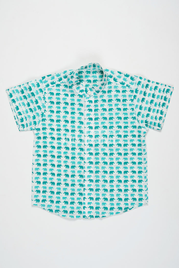 The Nesavu Boys Cotton Shirt Boys Aqua Green Cotton Shirt with Elephant Print and Mandarin Collar for Outdoor Adventures Nesavu Nesavu Boys Aqua Green Cotton Shirt Fun Elephant Print Playful Summer Outings