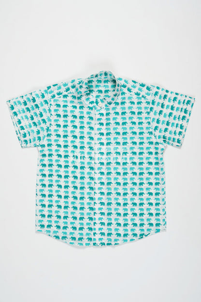 The Nesavu Boys Cotton Shirt Boys Aqua Green Cotton Shirt with Elephant Print and Mandarin Collar for Outdoor Adventures Nesavu Nesavu Boys Aqua Green Cotton Shirt Fun Elephant Print Playful Summer Outings
