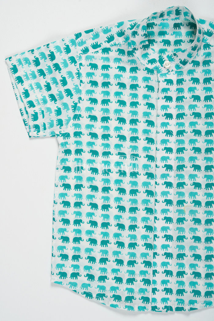 The Nesavu Boys Cotton Shirt Boys Aqua Green Cotton Shirt with Elephant Print and Mandarin Collar for Outdoor Adventures Nesavu Nesavu Boys Aqua Green Cotton Shirt Fun Elephant Print Playful Summer Outings