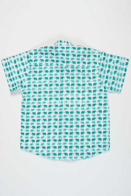 The Nesavu Boys Cotton Shirt Boys Aqua Green Cotton Shirt with Elephant Print and Mandarin Collar for Outdoor Adventures Nesavu Nesavu Boys Aqua Green Cotton Shirt Fun Elephant Print Playful Summer Outings