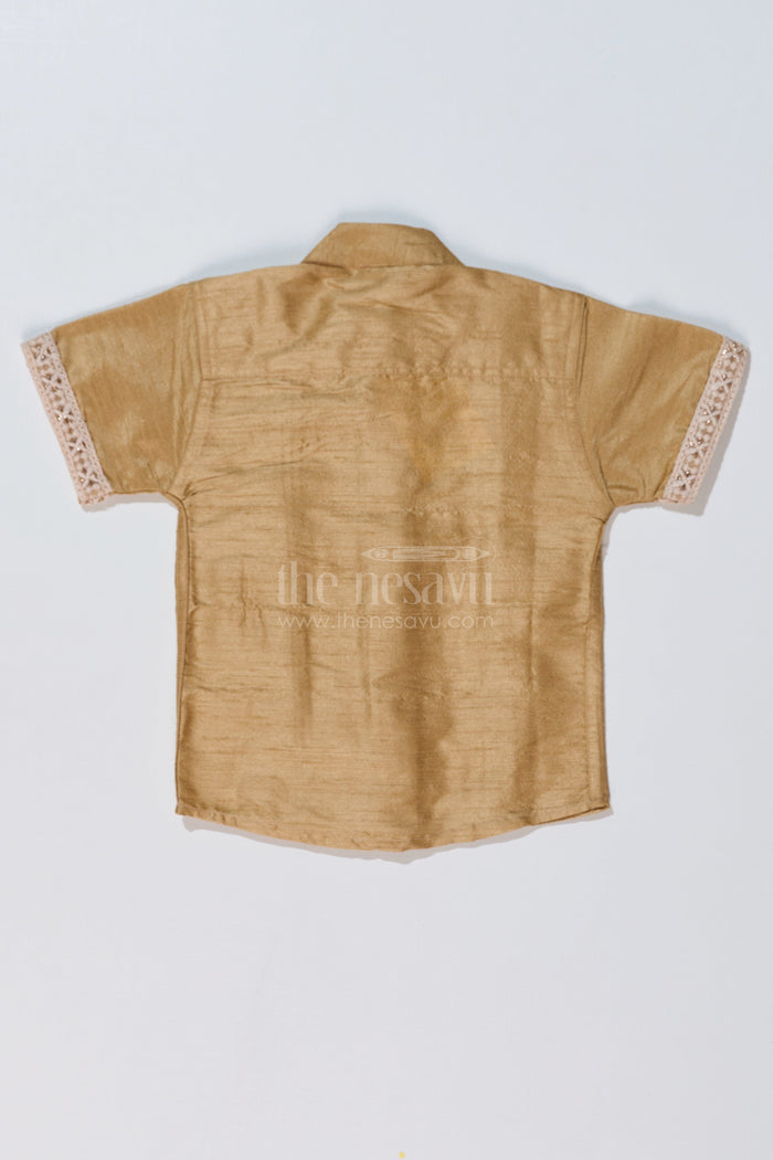 The Nesavu Boys Silk Shirt Boys Beige Silk Shirt with Elegant Embroidery and Short Sleeves for Festive and Traditional Wear Nesavu Nesavu Boys Beige Silk Shirt Elegant Embroidery Short Sleeves Traditional Festive Wear