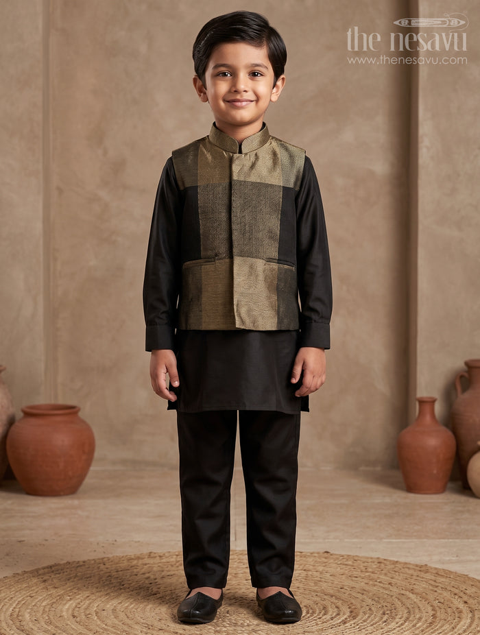 The Nesavu Boys Jacket Sets Boys Black and Gold Checkered Jacket Set for Evening Functions Nesavu 16 (1Y) / Black BES736A-16 Nesavu boys black gold checkered jacket set  stylish ethnic wear receptions evening events