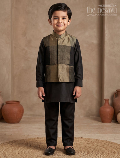 The Nesavu Boys Jacket Sets Boys Black and Gold Checkered Jacket Set for Evening Functions Nesavu 16 (1Y) / Black BES736A-16 Nesavu boys black gold checkered jacket set  stylish ethnic wear receptions evening events