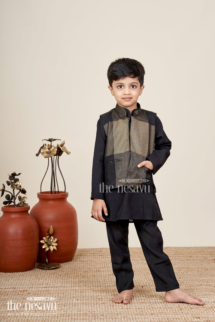The Nesavu Boys black and gold checkered jacket set for evening functions Nesavu Nesavu boys black gold checkered jacket set  stylish ethnic wear receptions evening events