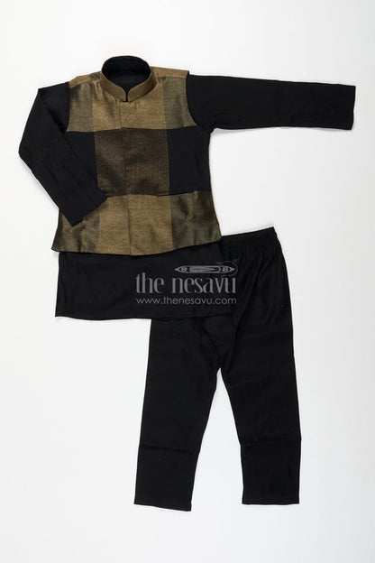 The Nesavu Boys Jacket Sets Boys black and gold checkered jacket set for evening functions Nesavu Nesavu boys black gold checkered jacket set  stylish ethnic wear receptions evening events