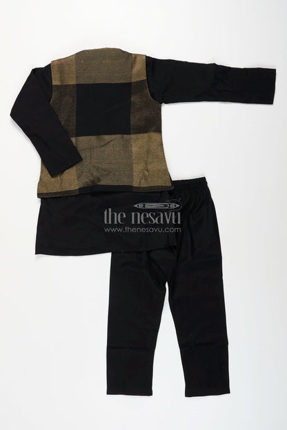 The Nesavu Boys Jacket Sets Boys black and gold checkered jacket set for evening functions Nesavu Nesavu boys black gold checkered jacket set  stylish ethnic wear receptions evening events