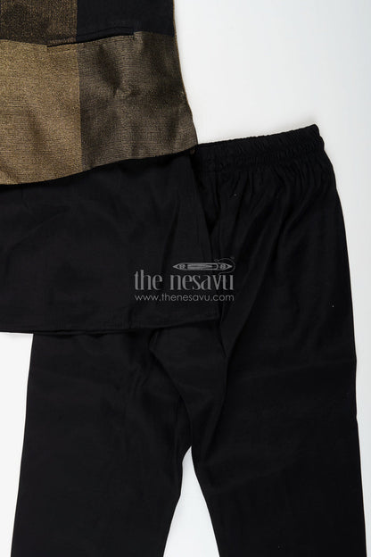 The Nesavu Boys Jacket Sets Boys black and gold checkered jacket set for evening functions Nesavu Nesavu boys black gold checkered jacket set  stylish ethnic wear receptions evening events