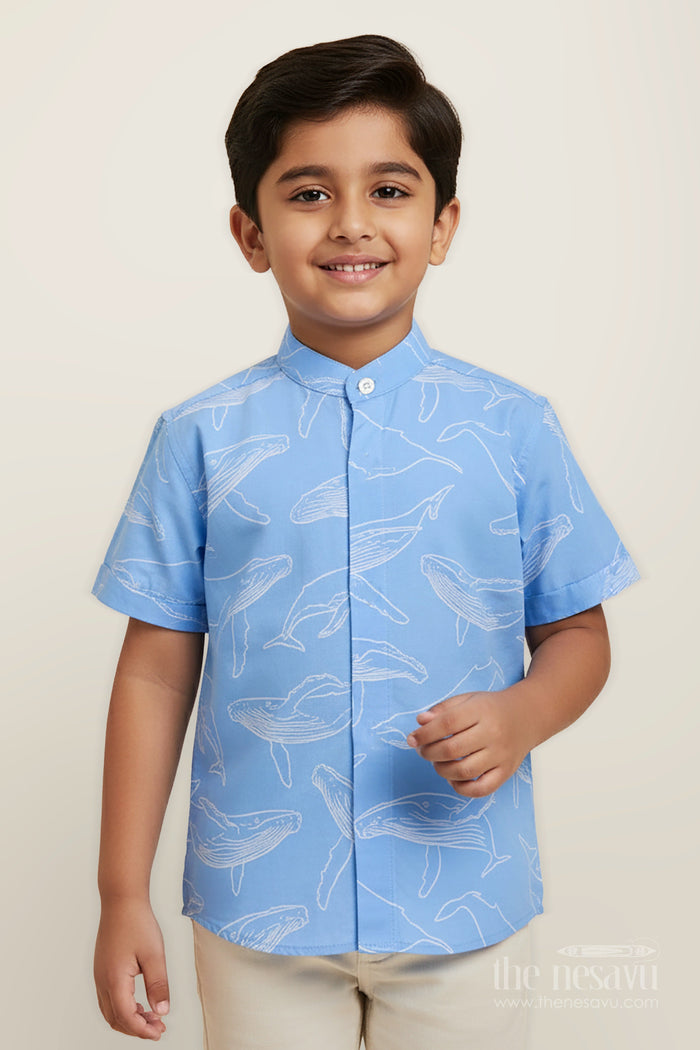 The Nesavu Boys Cotton Shirt Boys Blue Casual Printed Shirt with Whale Motifs in Soft Cotton Digital Print and Relaxed Fit Nesavu 16 (1Y) / Blue BS283A-16 Nesavu Boys Blue Casual Printed Shirt Cotton Ocean Whale Digital Print Lightweight Design