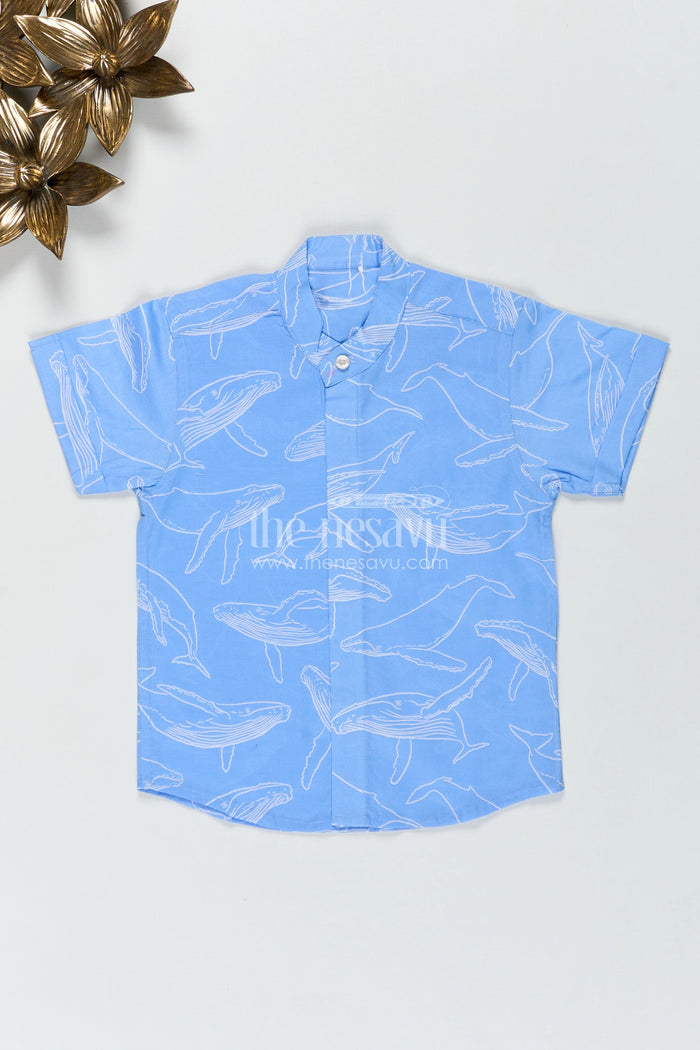 The Nesavu Boys Cotton Shirt Boys Blue Casual Printed Shirt with Whale Motifs in Soft Cotton Digital Print and Relaxed Fit Nesavu 16 (1Y) / Blue BS283A-16 Nesavu Boys Blue Casual Printed Shirt Cotton Ocean Whale Digital Print Lightweight Design