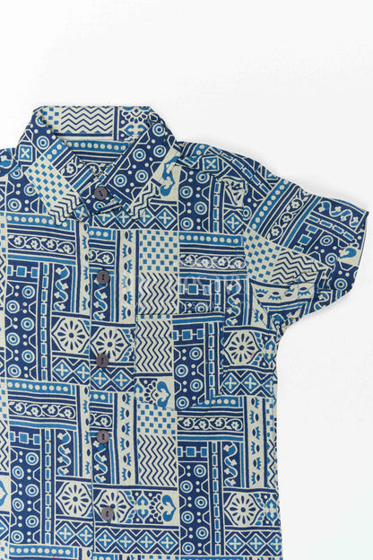 The Nesavu Boys Cotton Shirt Boys Blue Printed Cotton Shirt for Parties and Casual Wear Nesavu Nesavu Boys Blue Cotton Printed Shirt With Geometric Digital Design For Casual Party Wear