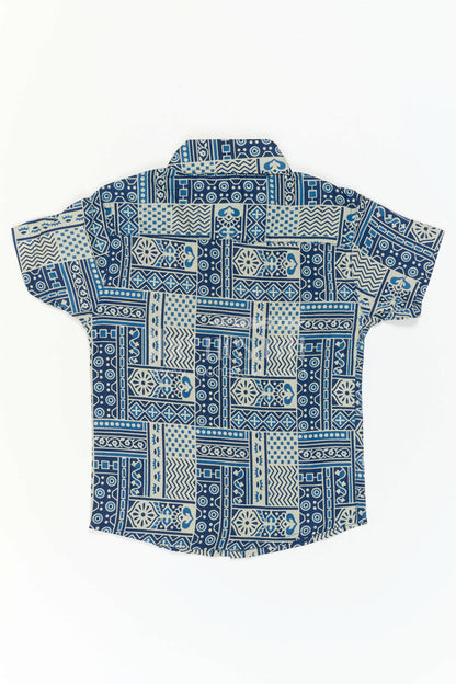 The Nesavu Boys Cotton Shirt Boys Blue Printed Cotton Shirt for Parties and Casual Wear Nesavu Nesavu Boys Blue Cotton Printed Shirt With Geometric Digital Design For Casual Party Wear