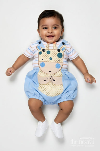 The Nesavu Boys Casual Set Boys Blue Shorts and Shirt Set with Giraffe Embellishment and Striped Tee for Everyday Fun Nesavu 14 (6M) / Blue BCS288A-14 Nesavu Boys Blue Shorts Shirt Set Giraffe Patch Cotton Striped Tee Playtime Comfort