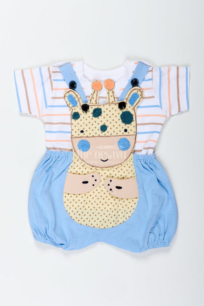 The Nesavu Boys Casual Set Boys Blue Shorts and Shirt Set with Giraffe Embellishment and Striped Tee for Everyday Fun Nesavu 14 (6M) / Blue BCS288A-14 Nesavu Boys Blue Shorts Shirt Set Giraffe Patch Cotton Striped Tee Playtime Comfort