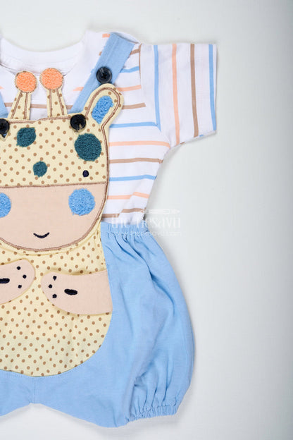 The Nesavu Boys Casual Set Boys Blue Shorts and Shirt Set with Giraffe Embellishment and Striped Tee for Everyday Fun Nesavu Nesavu Boys Blue Shorts Shirt Set Giraffe Patch Cotton Striped Tee Playtime Comfort