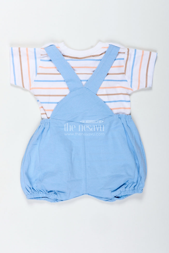 The Nesavu Boys Casual Set Boys Blue Shorts and Shirt Set with Giraffe Embellishment and Striped Tee for Everyday Fun Nesavu Nesavu Boys Blue Shorts Shirt Set Giraffe Patch Cotton Striped Tee Playtime Comfort