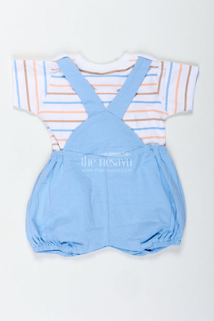 The Nesavu Boys Casual Set Boys Blue Shorts and Shirt Set with Giraffe Embellishment and Striped Tee for Everyday Fun Nesavu Nesavu Boys Blue Shorts Shirt Set Giraffe Patch Cotton Striped Tee Playtime Comfort