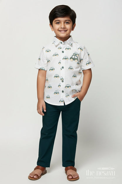 The Nesavu Boys Casual Set Boys Car Print Cotton Shirt and Pants Set for Everyday Play Nesavu 14 (6M) / Green BCS491A-14 Nesavu boys car print cotton casual set  fun jungle-themed shirt pants