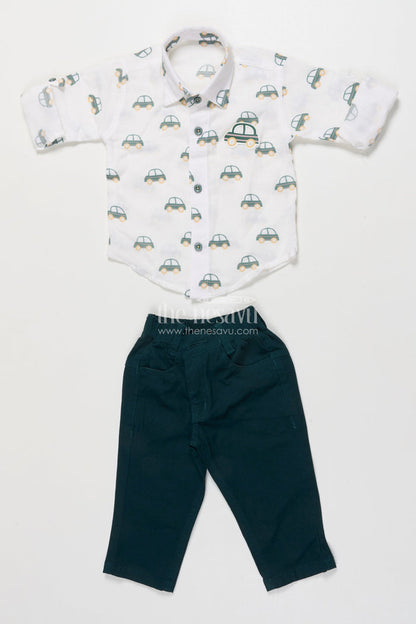 The Nesavu Boys Casual Set Boys Car Print Cotton Shirt and Pants Set for Everyday Play Nesavu 14 (6M) / Green BCS491A-14 Nesavu boys car print cotton casual set  fun jungle-themed shirt pants